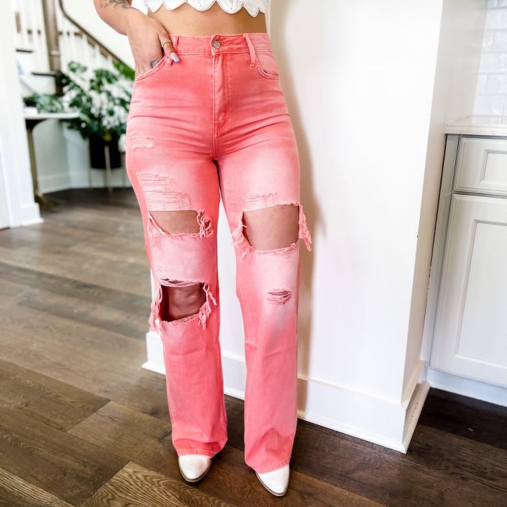 Vervet 90s style flare distressed rosy pink denim. Brand new never worn